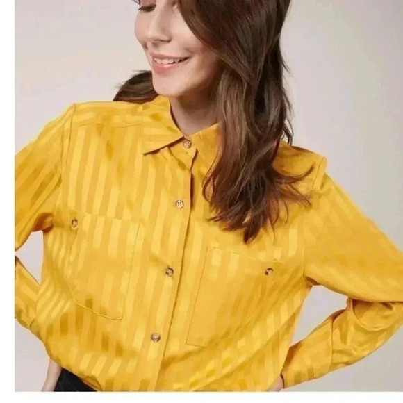 FRNCH women’s CHAFIANE STRIPED button down SHIRT yellow sz Small used no flaws - Picture 11 of 12